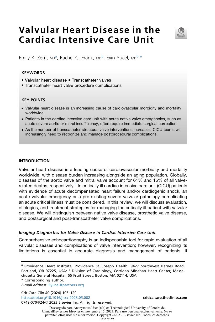 Valvular Heart Disease In The Cardiac Intensive Care Unit Emily K Zern Md Rachel C Frank Md Evin Yucel Md
