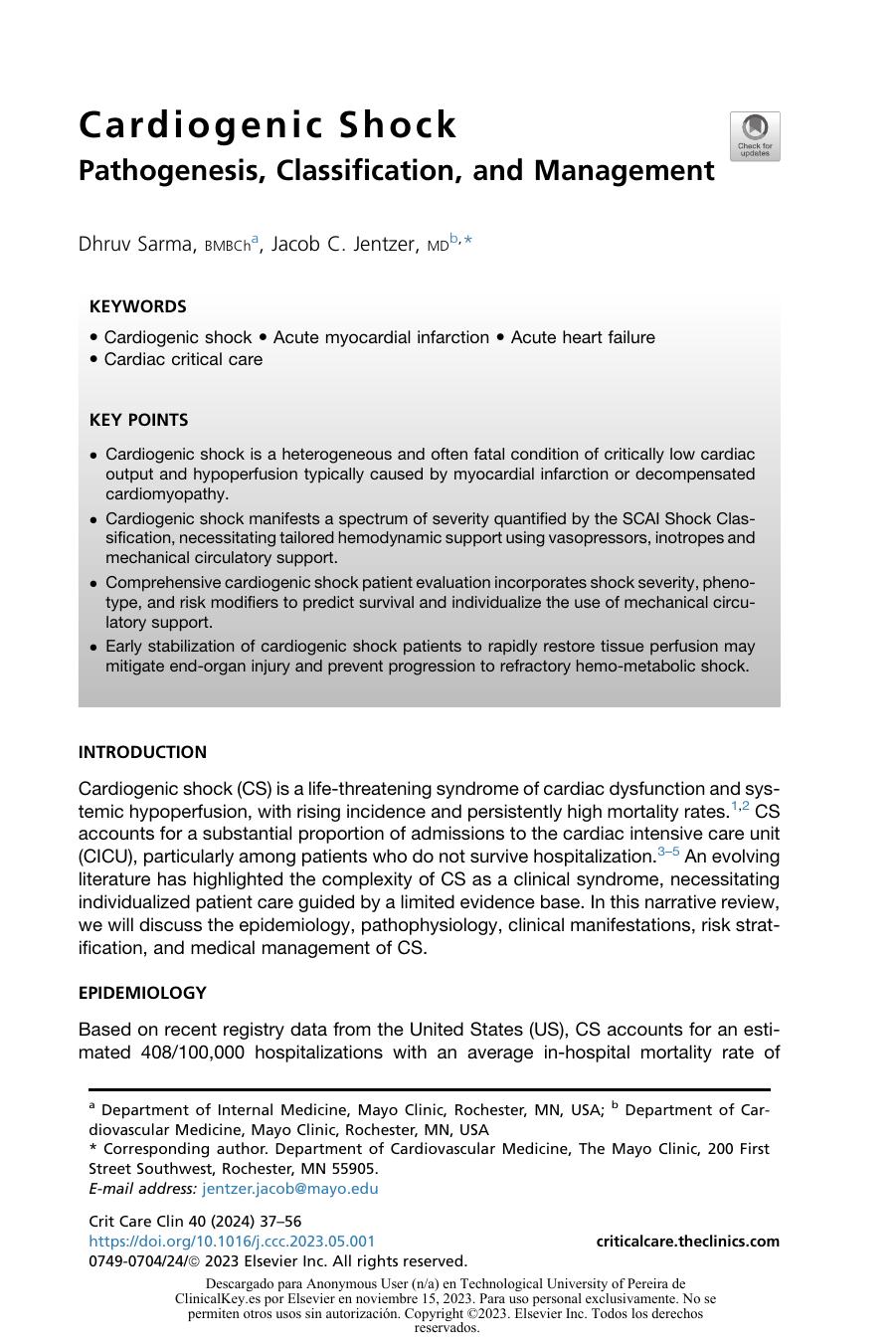 Cardiogenic Shock Dhruv Sarma Bmbch Jacob C Jentzer Md