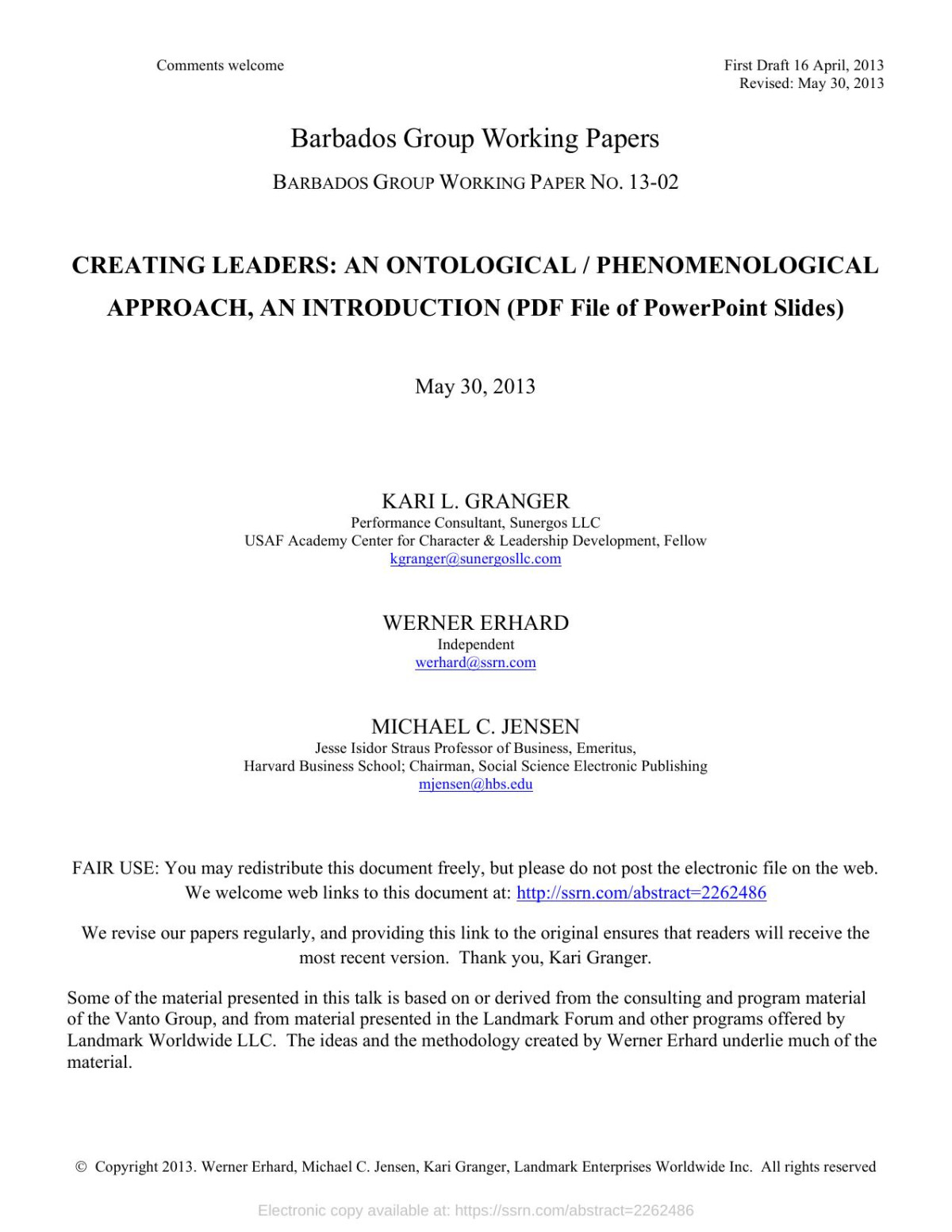 Creating Leaders An Ontological Phenomenological Approach An Introduction 1st Edition Kari L Granger