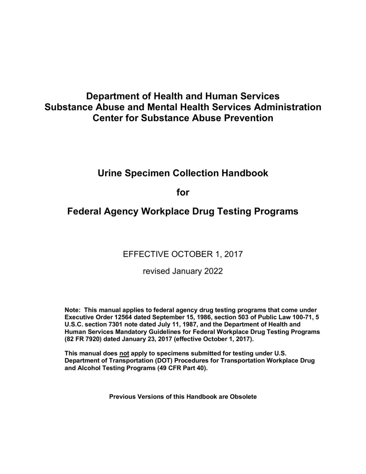 Urine Specimen Collection Handbook For Federal Agency Workplace Drug Testing Programs 1st Edition Samhsa Center For Substance Abuse Prevention
