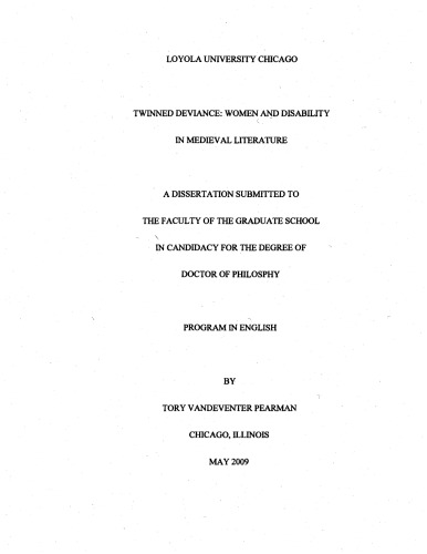 Twinned Deviance Women And Disability In Medieval Literature Tory Vandeventer Pearman