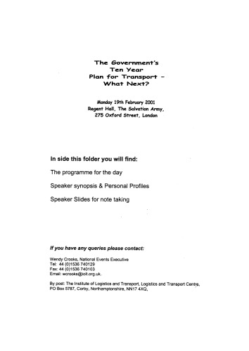The Governments Ten Year Plan For Transportwhat Next Monday 19th February 2001 Regent Hall The Salvation Army 275 Oxford Street London