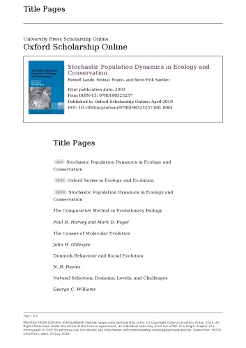 Stochastic Population Dynamics In Ecology And Conservation Russell Lande