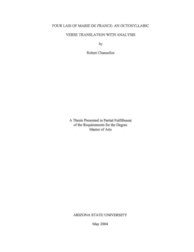 Four Lais Of Marie De France An Octosyllabic Verse Translation With Analysis Ma Thesis Chancellor