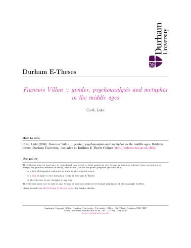 Francois Villon Gender Psychoanalysis And Metaphor In The Middle Ages Croll