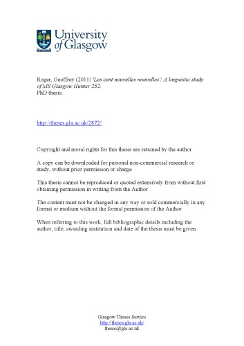 Les Cent Nouvelles Nouvelles A Linguistic Study Of Ms Glasgow Hunter 252 Roger
