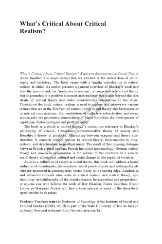 Whats Critical About Critical Realism Essays In Reconstructive Social Theory Frederic Vandenberghe
