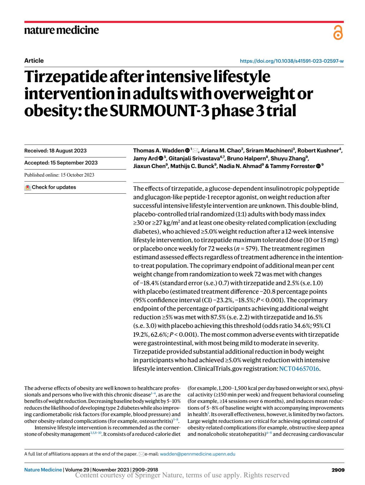 Tirzepatide After Intensive Lifestyle Intervention In Adults With Overweight Or Obesity The Surmount3 Phase 3 Trial Wadden