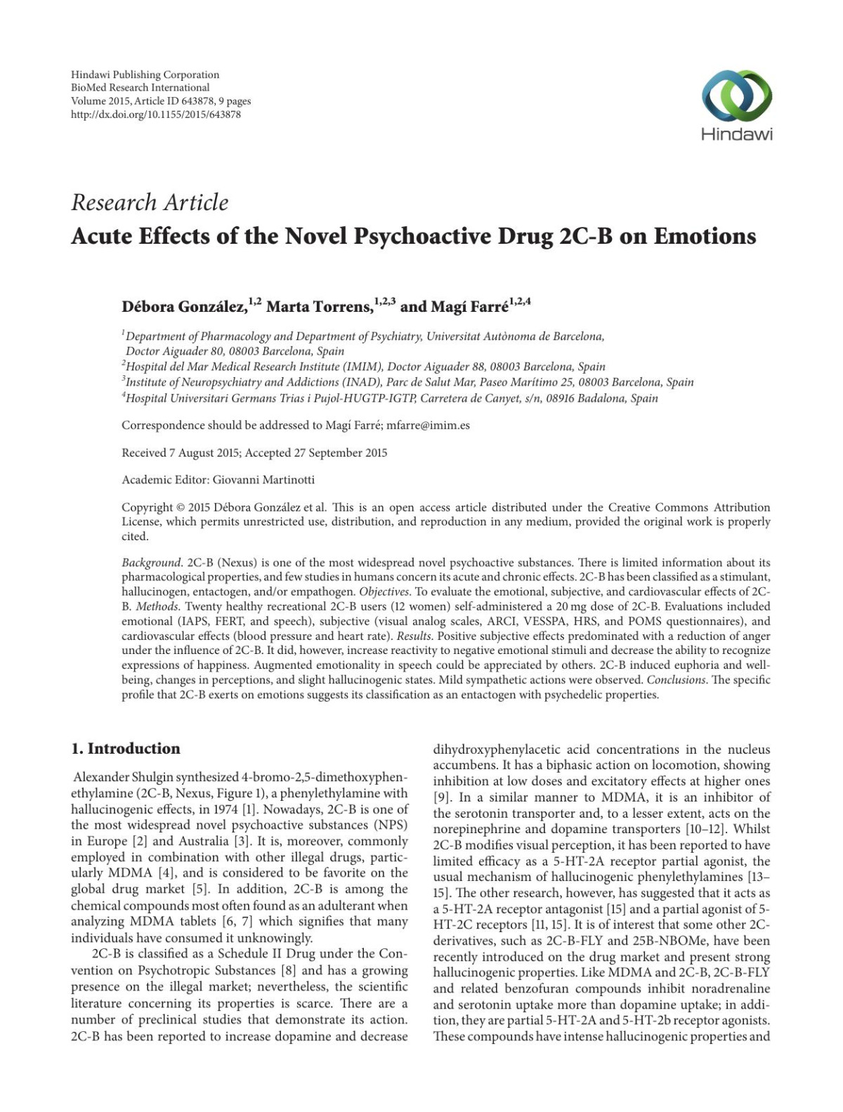 Acute Effects Of The Novel Psychoactive Drug 2cb On Emotions Dbora Gonzlez
