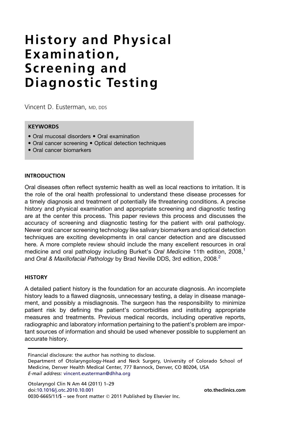 History And Physical Examination Screening And Diagnostic Testing Vincent D Eusterman Md Dds