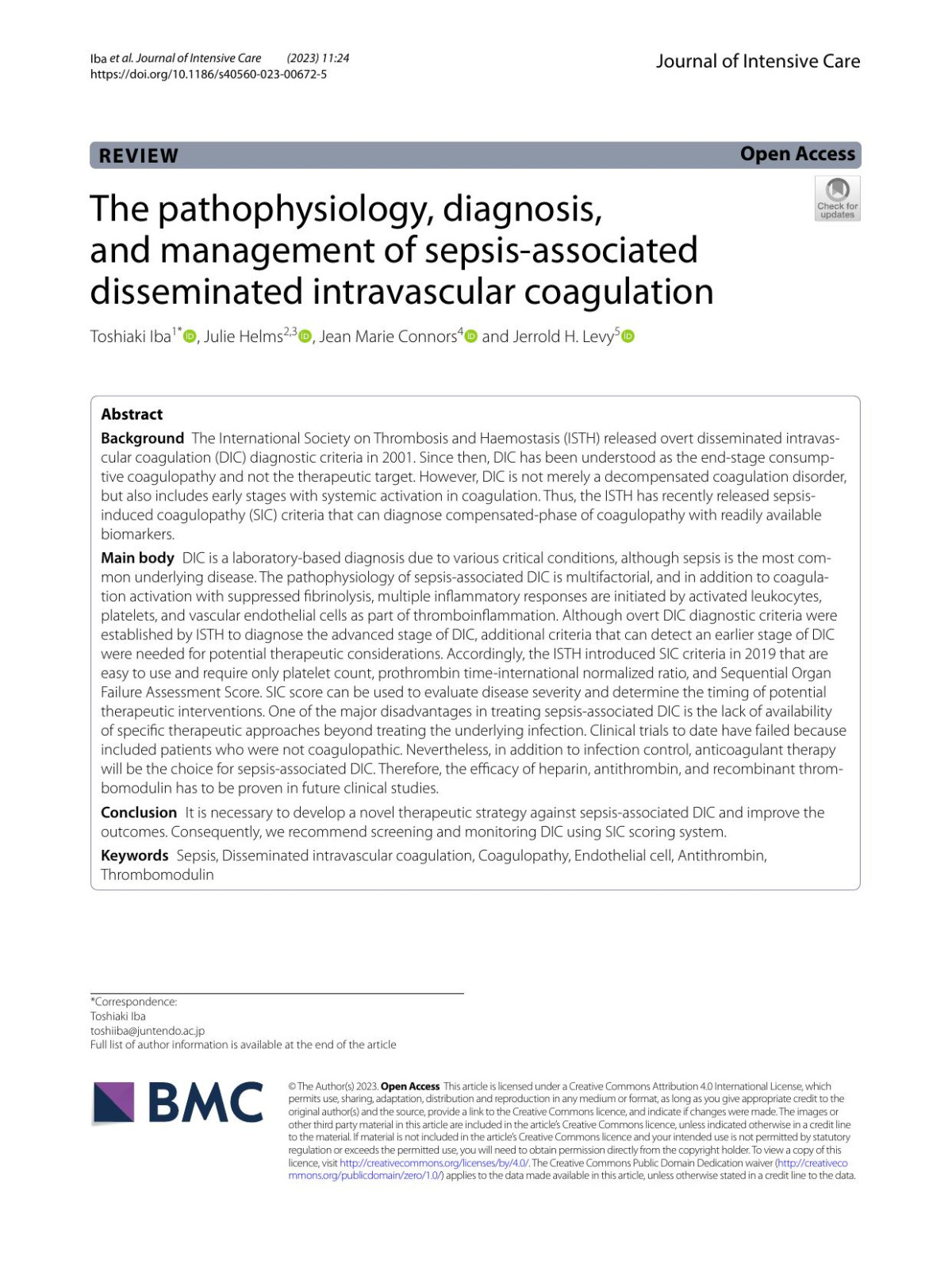The Pathophysiology Diagnosis And Management Of Sepsisassociated Disseminated Intravascular Coagulation Toshiaki Iba