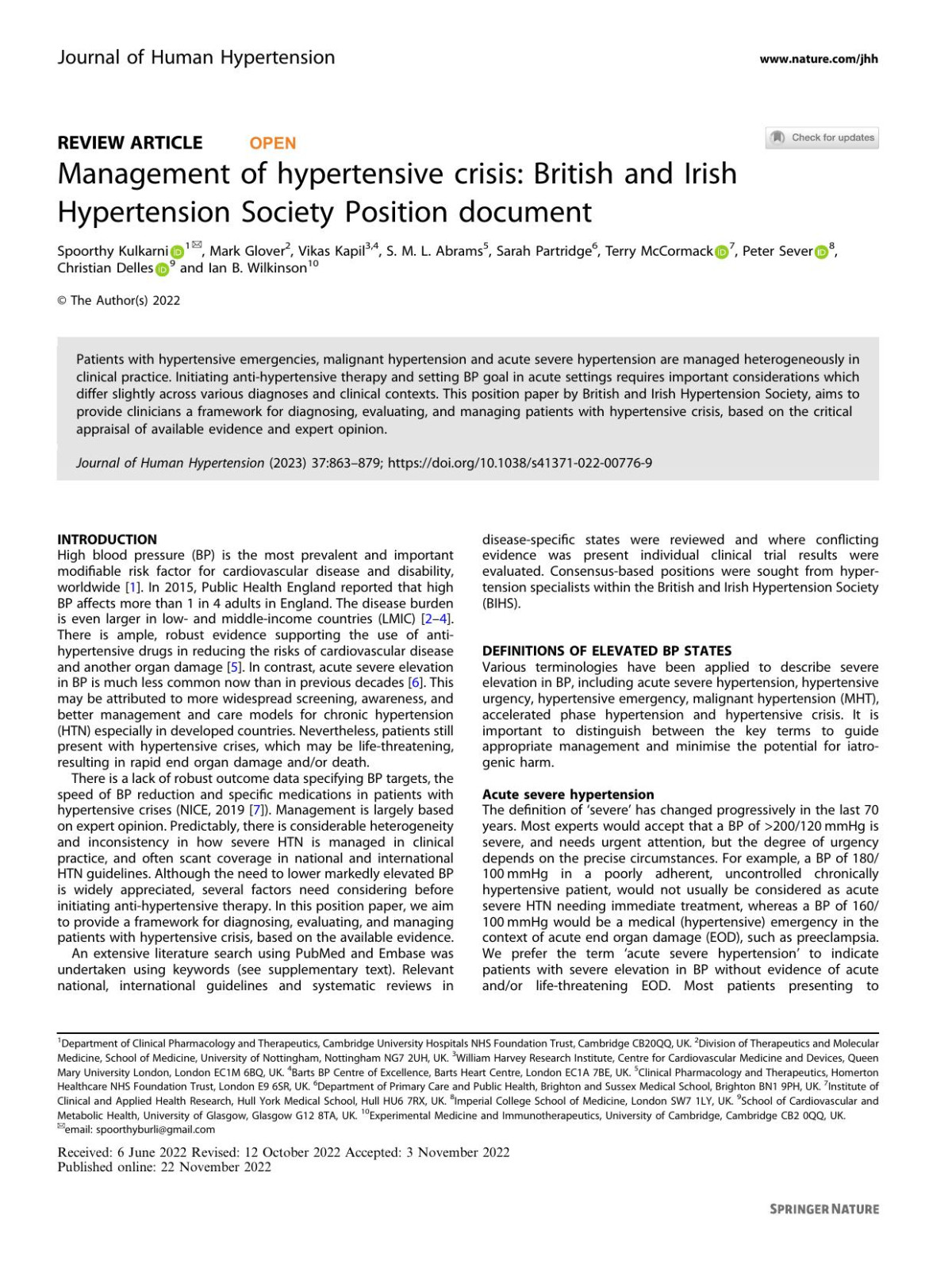 Management Of Hypertensive Crisis British And Irish Hypertension Society Position Document Spoorthy Kulkarni Mark Glover Vikas Kapil S M L Abrams Sarah Partridge Terry Mccormack Peter Sever Christian Delles Ian B Wilkinson