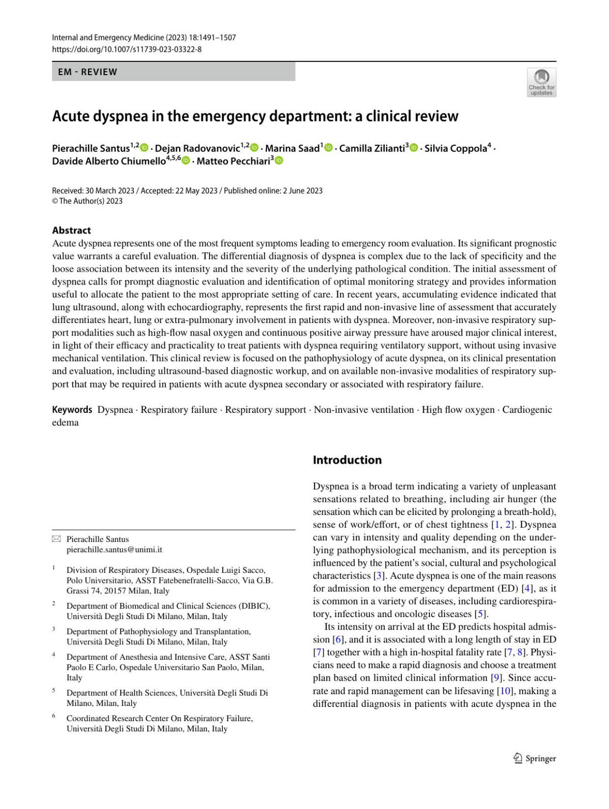 Acute Dyspnea In The Emergency Department A Clinical Review Pierachille Santus Dejan Radovanovic Marina Saad Camilla Zilianti Silvia Coppola Davide Alberto Chiumello Matteo Pecchiari