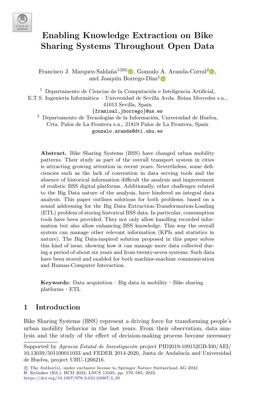 Enabling Knowledge Extraction On Bike Sharing Systems Throughout Open Data Francisco J Marquezsaldaa Gonzalo A Arandacorral Joaqun Borregodaz