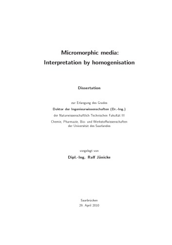 Micromorphic Media Interpretation By Homogenisation Phd Diss Ralf Jnicke