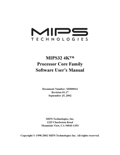 Mips Technologies Mips32 4k Processor Core Family Software Users Manual Revision 0117 Coll
