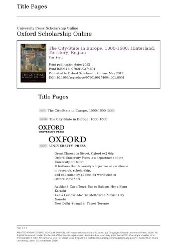 The Citystate In Europe 10001600 Hinterland Territory Region Tom Scott