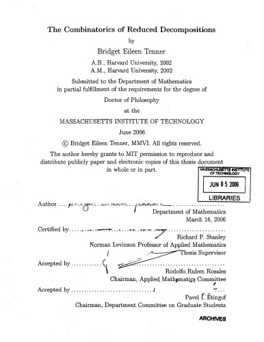 The Combinatorics Of Reduced Decompositions Phd Thesis Bridget Eileen Tenner
