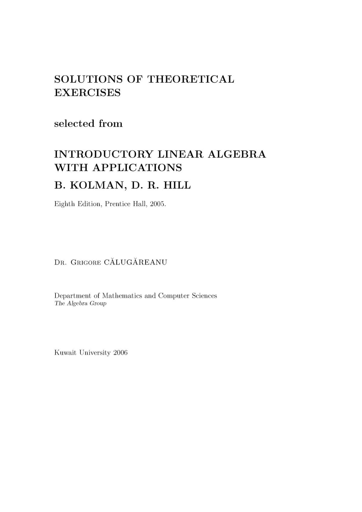 Introductory Linear Algebra Solutions 8ed 2005i B Kolman D R Hill