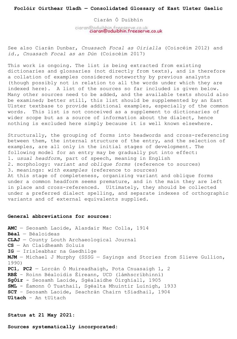 Foclóir Oirthear Uladh Consolidated Glossary Of East Ulster Gaelic Ciarán ó Duibhín