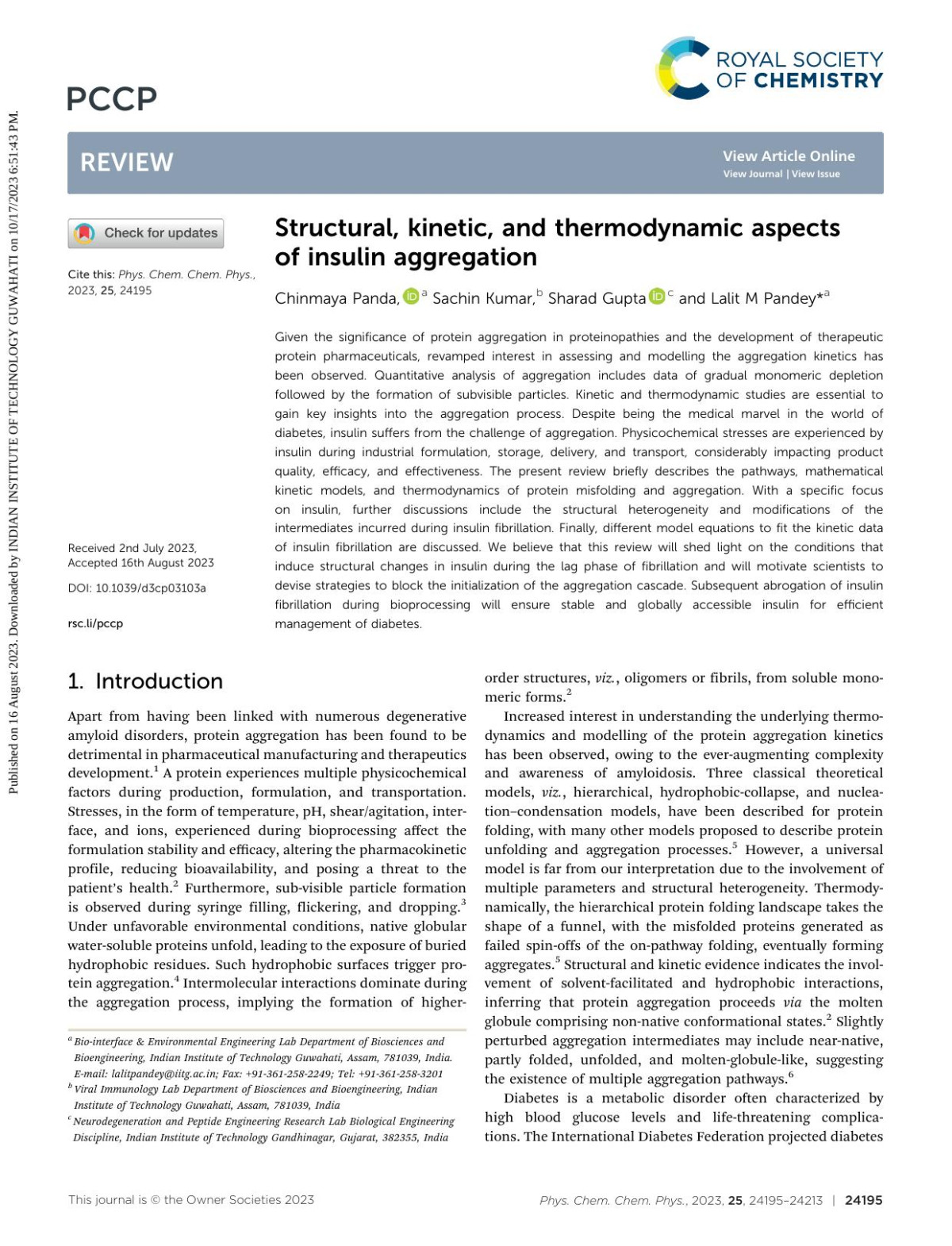 Structural Kinetic And Thermodynamic Aspects Of Insulin Aggregation Chinmaya Panda Sachin Kumar Sharad Gupta Lalit M Pandey