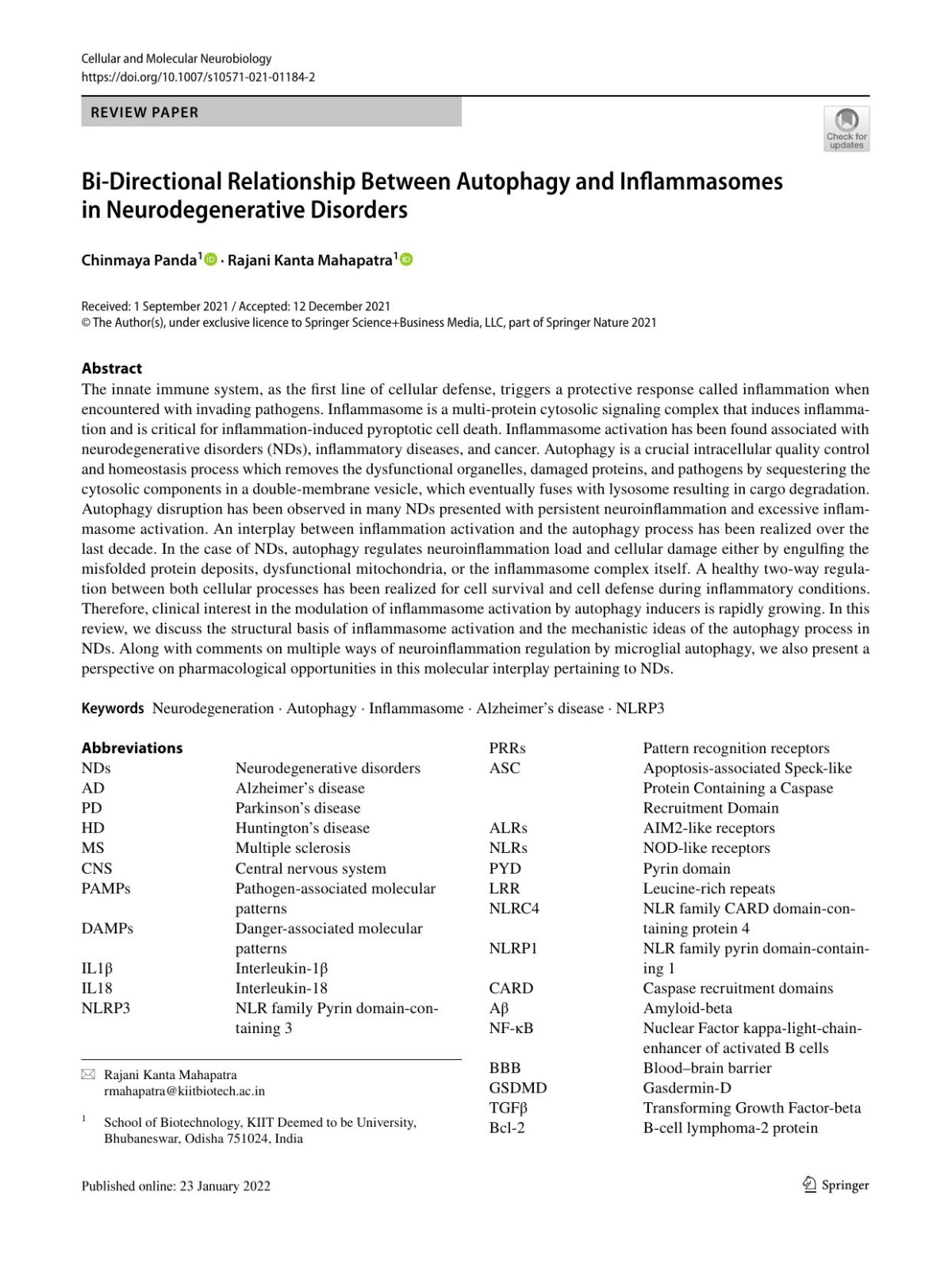 Bidirectional Relationship Between Autophagy And Inflammasomes In Neurodegenerative Disorders Chinmaya Panda Rajani Kanta Mahapatra