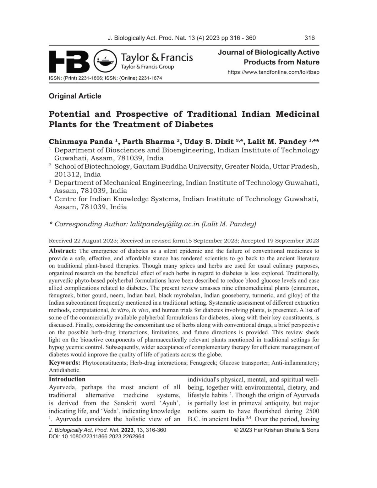 Potential And Prospective Of Traditional Indian Medicinal Plants For The Treatment Of Diabetes Chinmaya Panda Parth Sharma Uday S Dixit Lalit M Pandey
