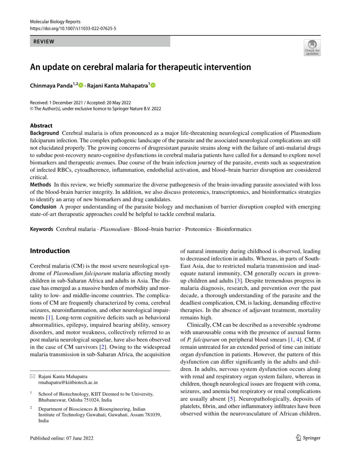 An Update On Cerebral Malaria For Therapeutic Intervention Chinmaya Panda Rajani Kanta Mahapatra