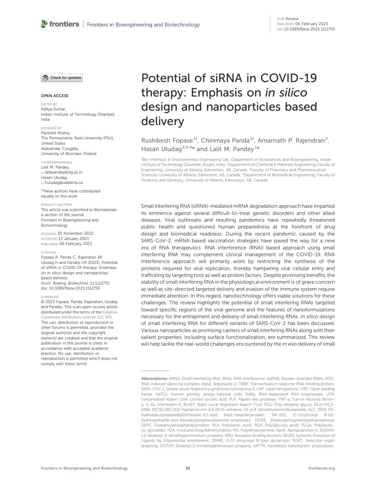 Potential Of Sirna In Covid19 Therapy Emphasis On In Silico Design And Nanoparticles Based Delivery Rushikesh Fopase