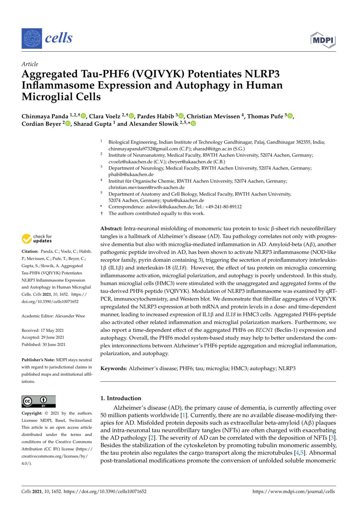 Aggregated Tauphf6 Vqivyk Potentiates Nlrp3 Inflammasome Expression And Autophagy In Human Microglial Cells Chinmaya Panda