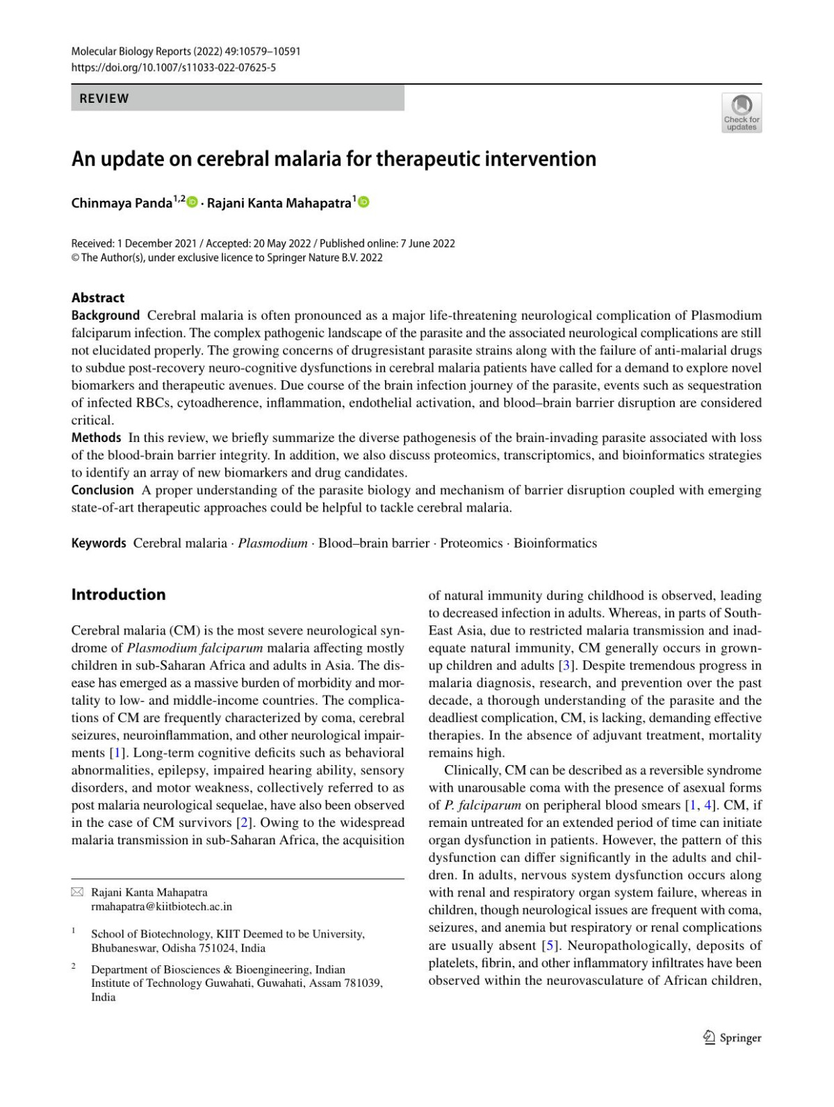 An Update On Cerebral Malaria For Therapeutic Intervention Chinmaya Panda