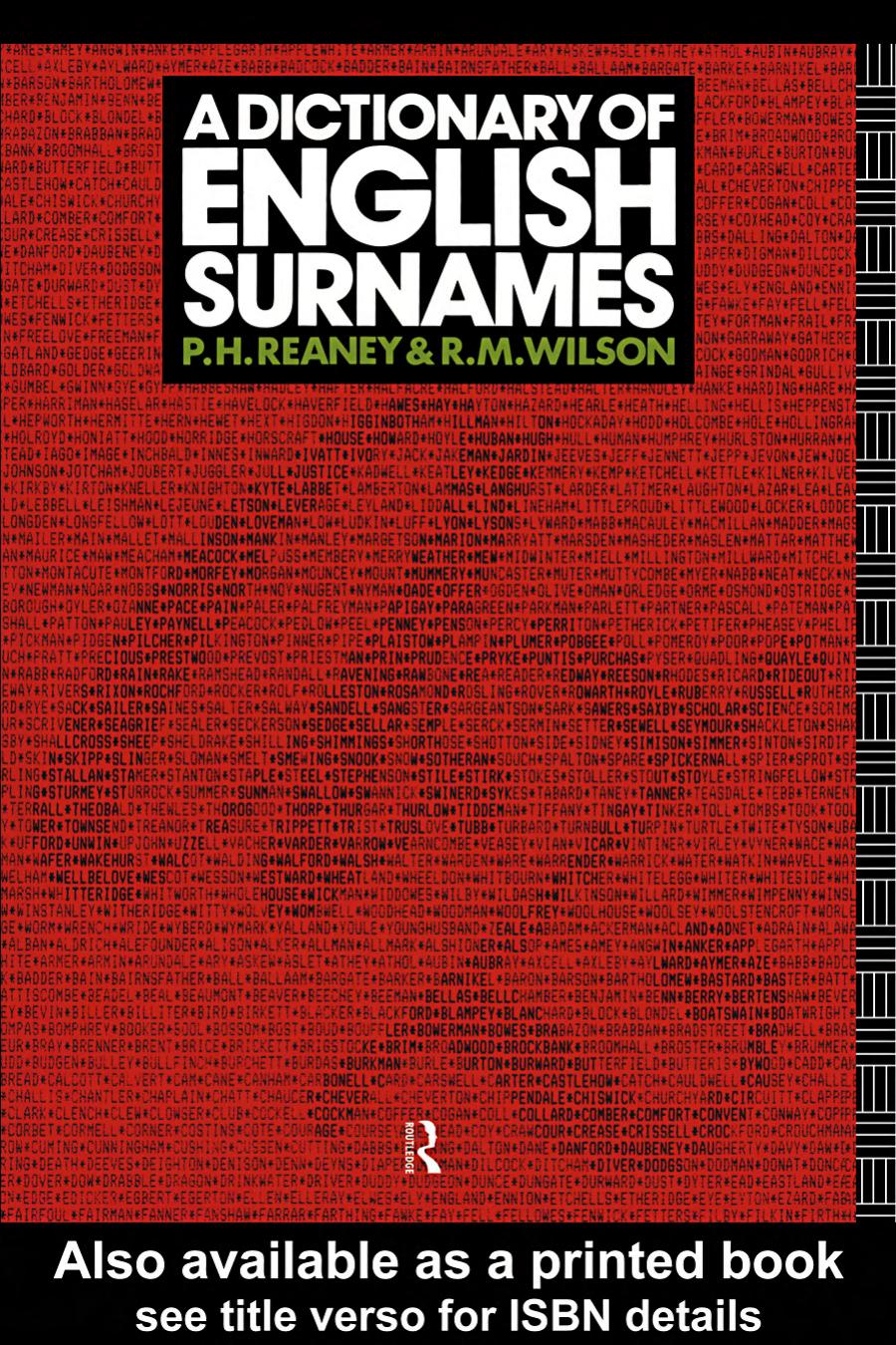 A Dictionary Of English Surnames Reaney Percy H