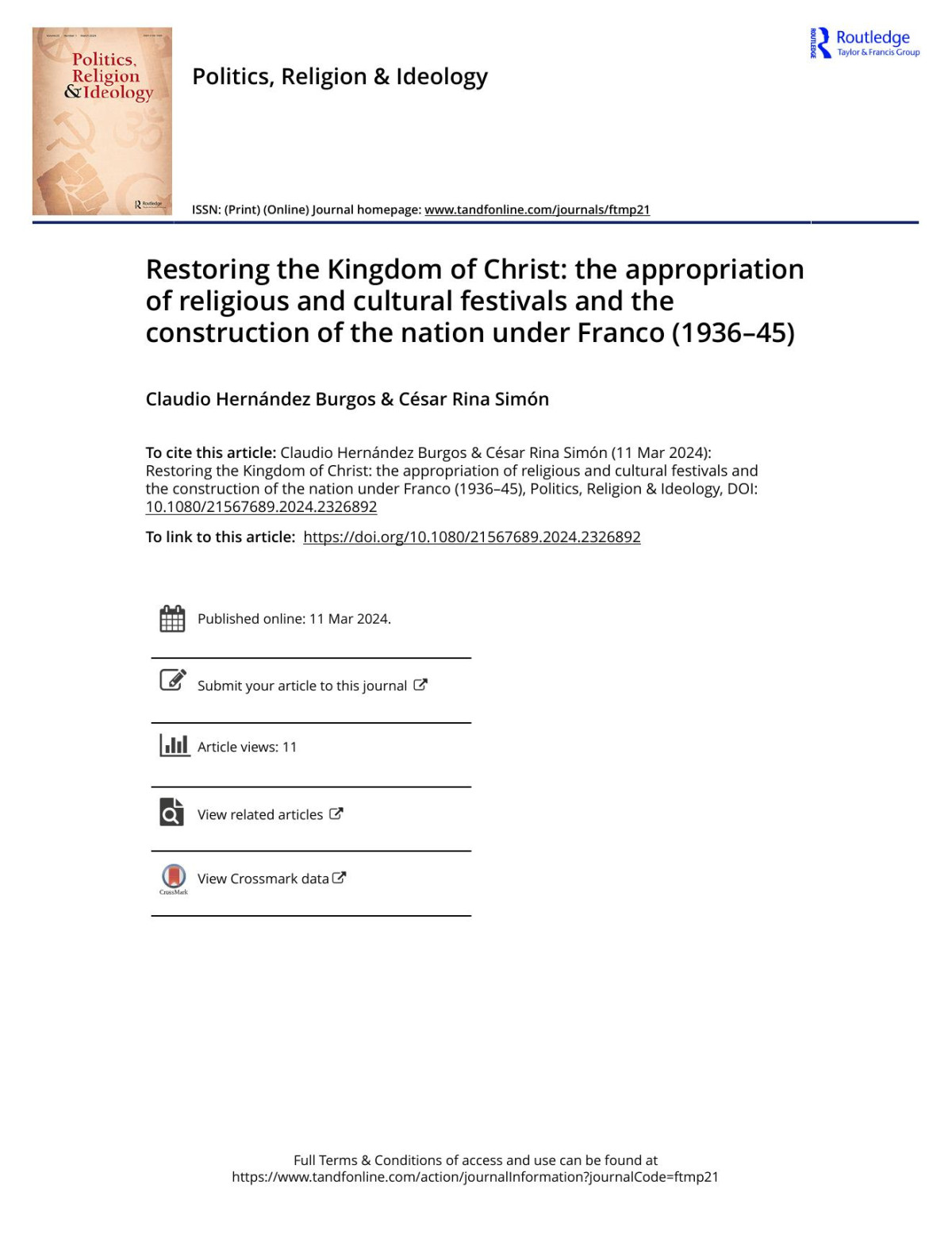 Restoring The Kingdom Of Christ The Appropriation Of Religious And Cultural Festivals And The Construction Of The Nation Under Franco 193645 Claudio Hernndez Burgos