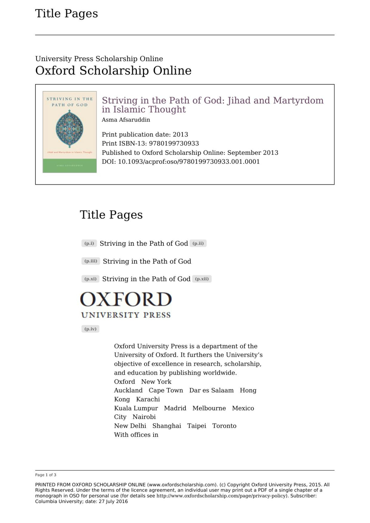 Striving In The Path Of God Jihad And Martyrdom In Islamic Thought Asma Afsaruddin