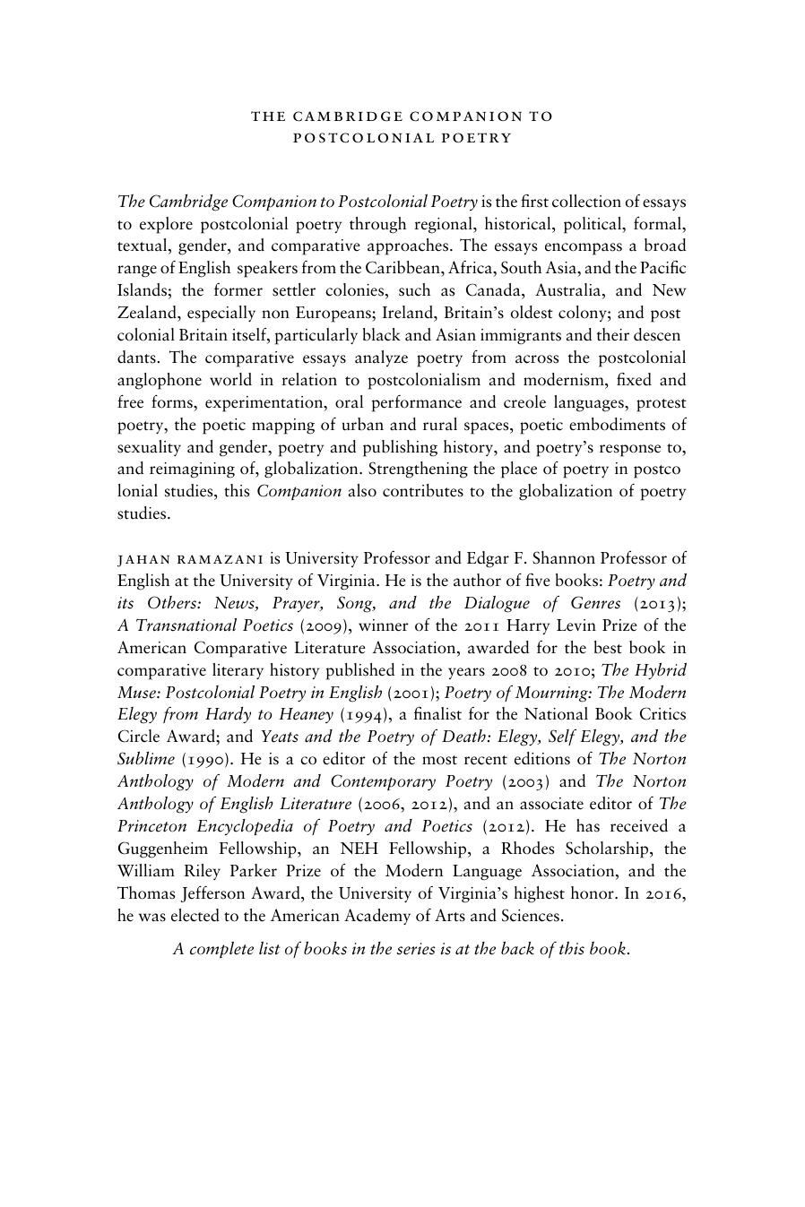 The Cambridge Companion To Postcolonial Poetry Jahan Ramazani