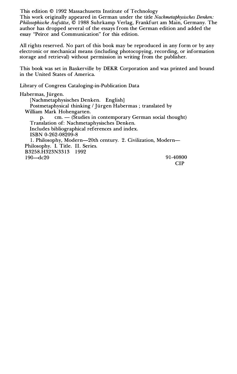 Jürgen Habermas Postmetaphysical Thinking Philosophical Essays