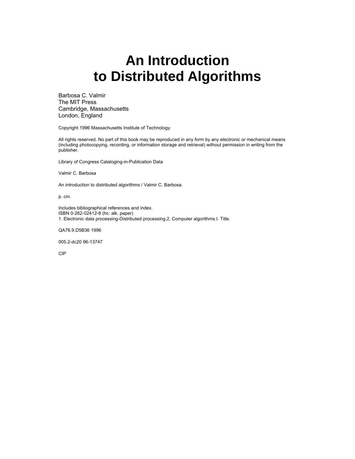 An Introduction To Distributed Algorithms Vc Barbosa