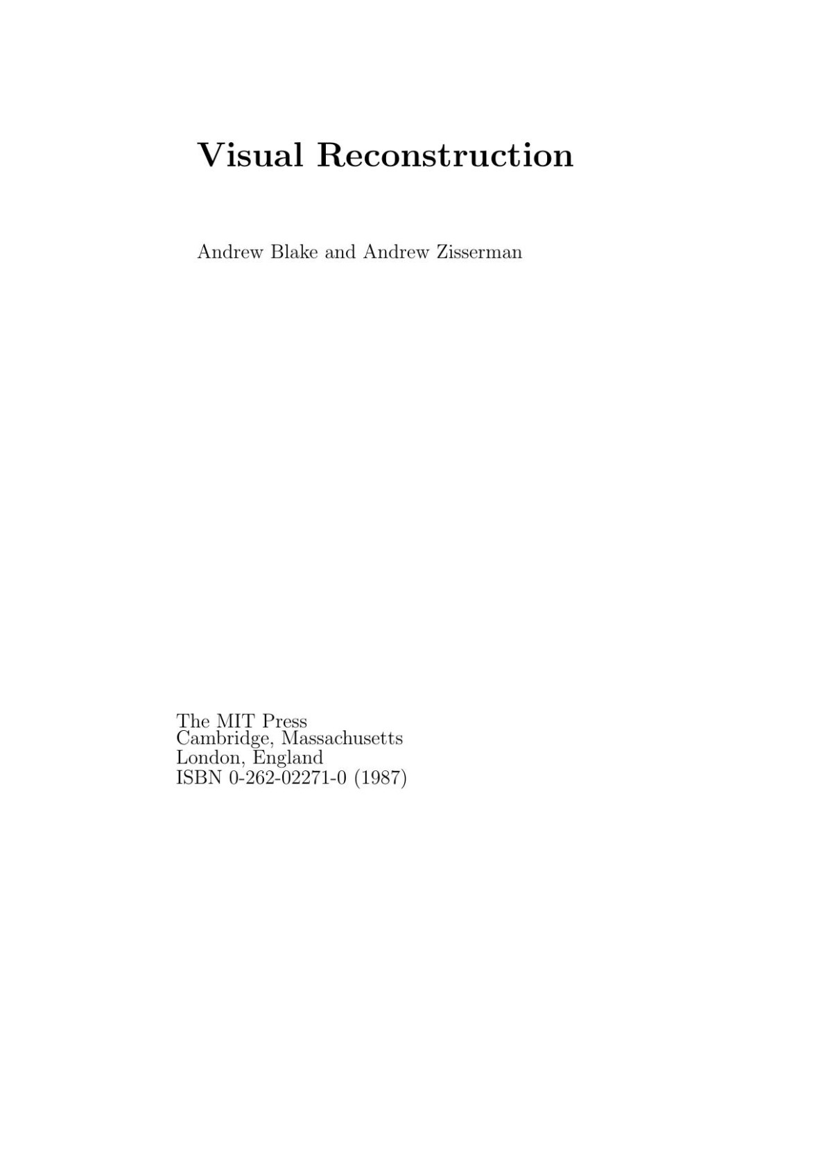 Andrew Blake Andrew Zisserman Visual Reconstruction