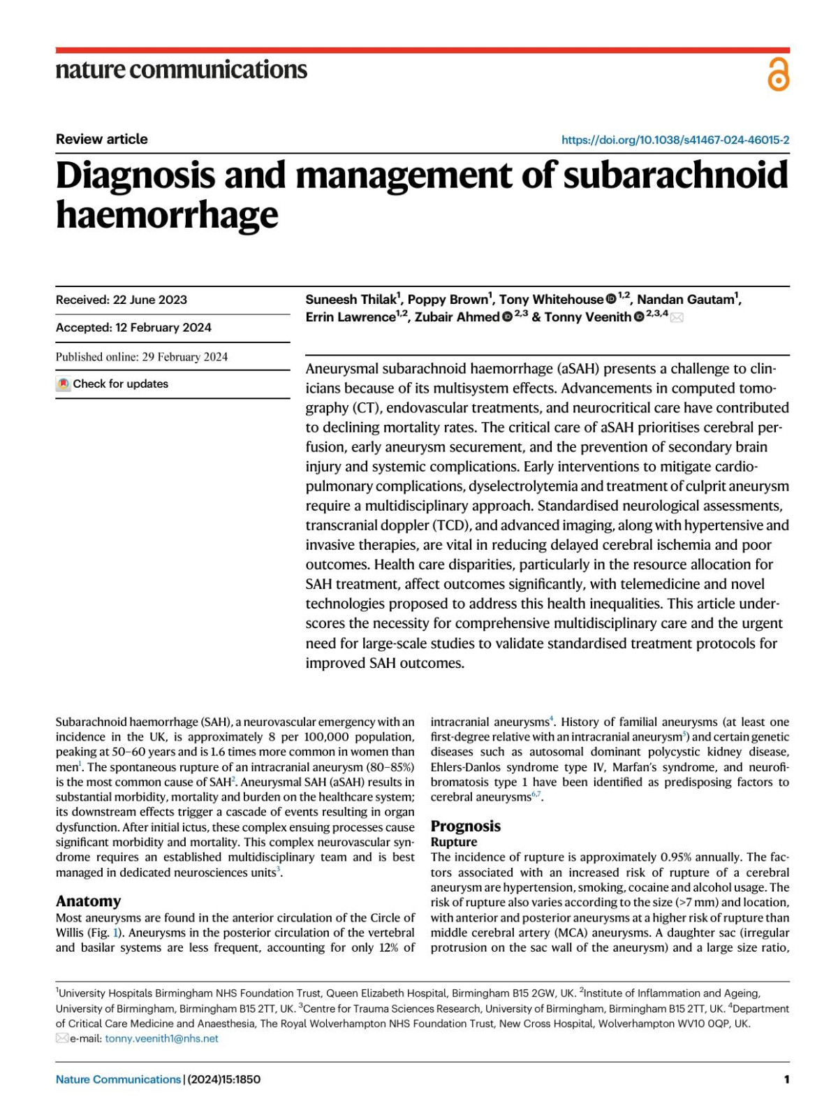 Diagnosis And Management Of Subarachnoid Haemorrhage Suneesh Thilak Poppy Brown Tony Whitehouse Nandan Gautam Errin Lawrence Zubair Ahmed Tonny Veenith