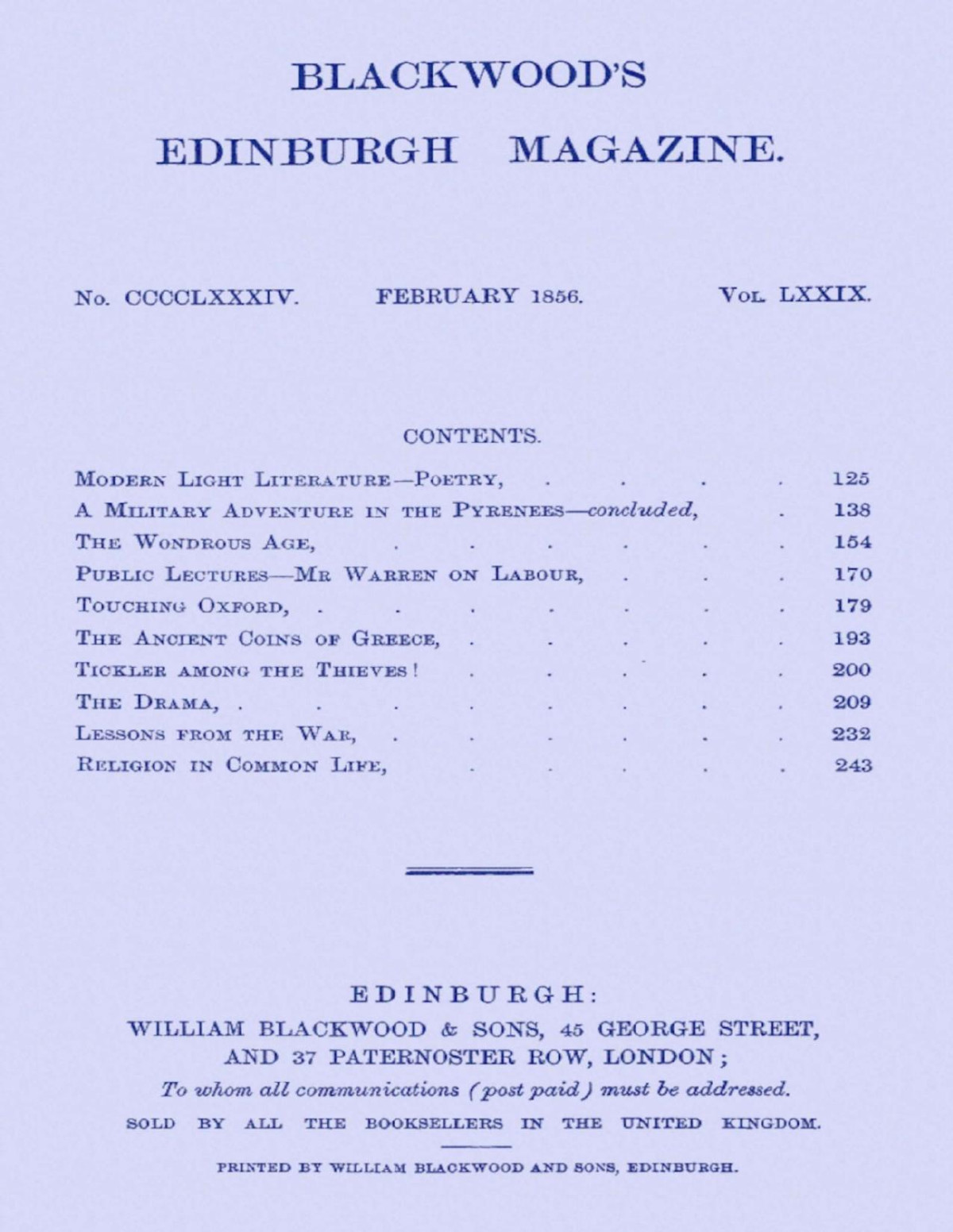 Blackwoods Edinburgh Magazine Vol 79 No 484 February 1856 Various