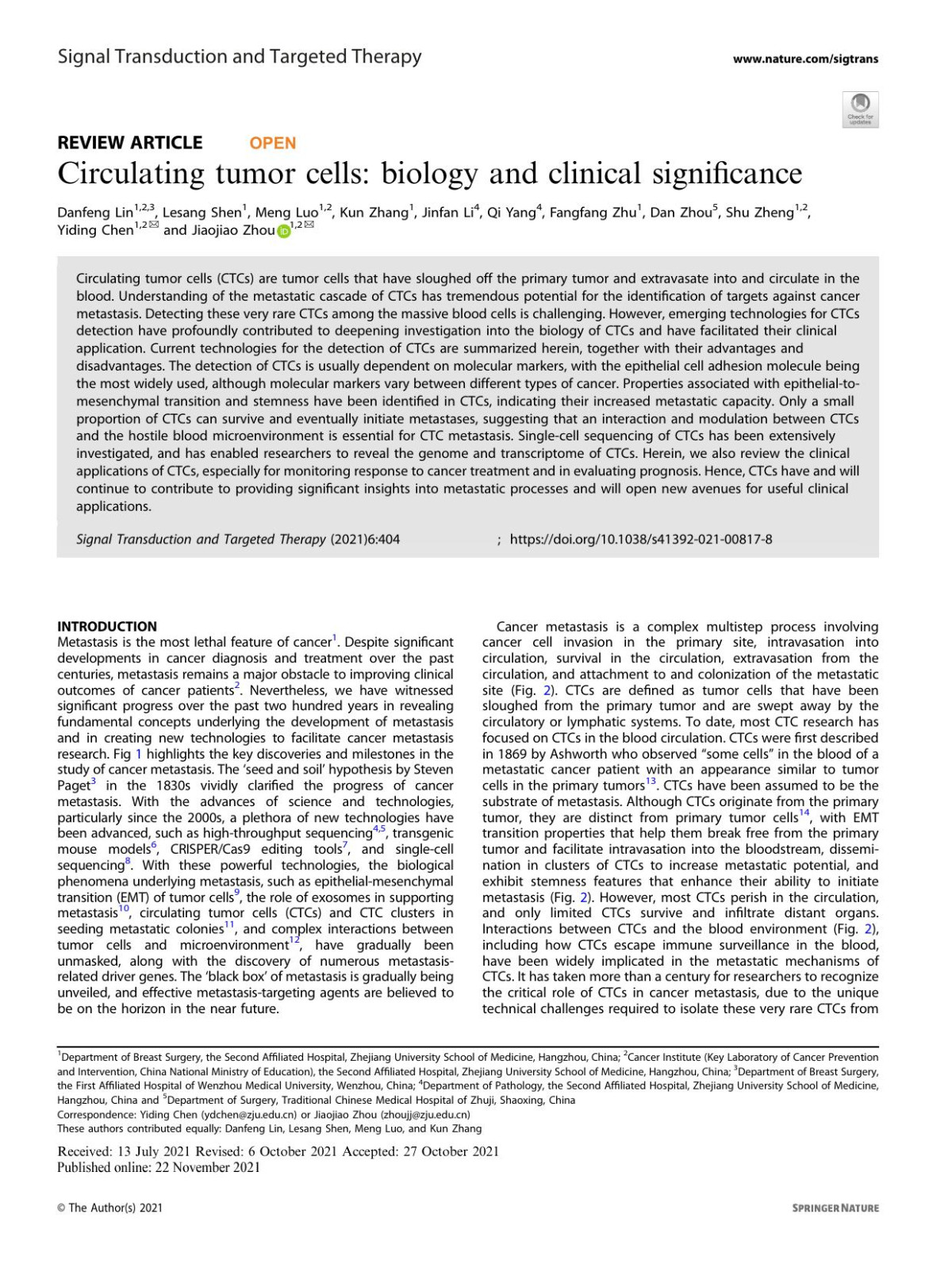 Circulating Tumor Cells Biology And Clinical Significance Danfeng Lin