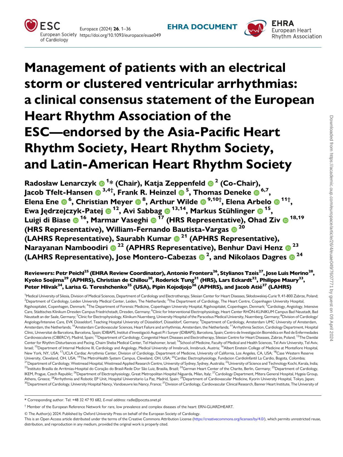 Management Of Patients With An Electrical Storm Or Clustered Ventricular Arrhythmias A Clinical Consensus Statement Of The European Heart Rhythm Association Of The Escendorsed By The Asiapacific Heart Rhythm Society Heart Rhythm Soc Radosaw Lenarczyk 1 Chair