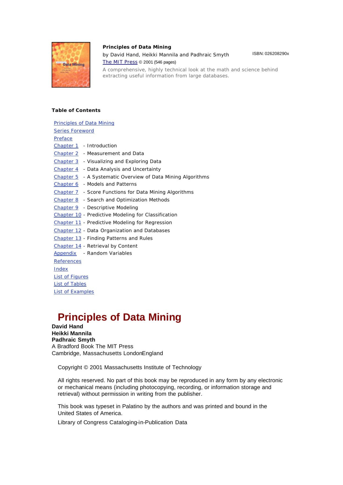 Principles Of Data Mining David J Hand Professor In The Department Of Statistics David J Hand Heikki Mannila Padhraic Smyth
