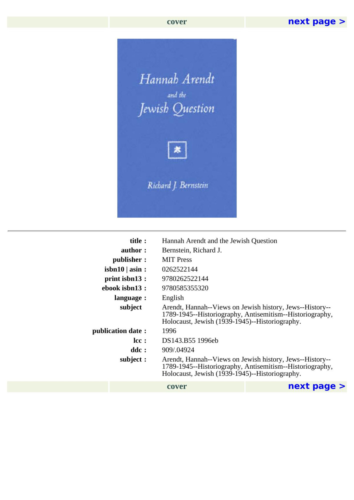 Hannah Arendt And The Jewish Question Mit Press 1996 Bernstein