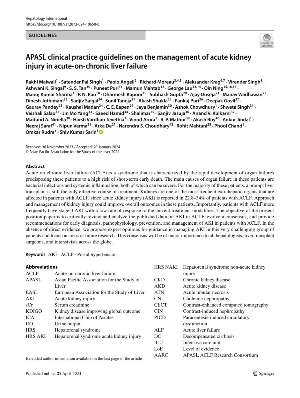 Apasl Clinical Practice Guidelines On The Management Of Acute Kidney Injury In Acuteonchronic Liver Failure Apasl