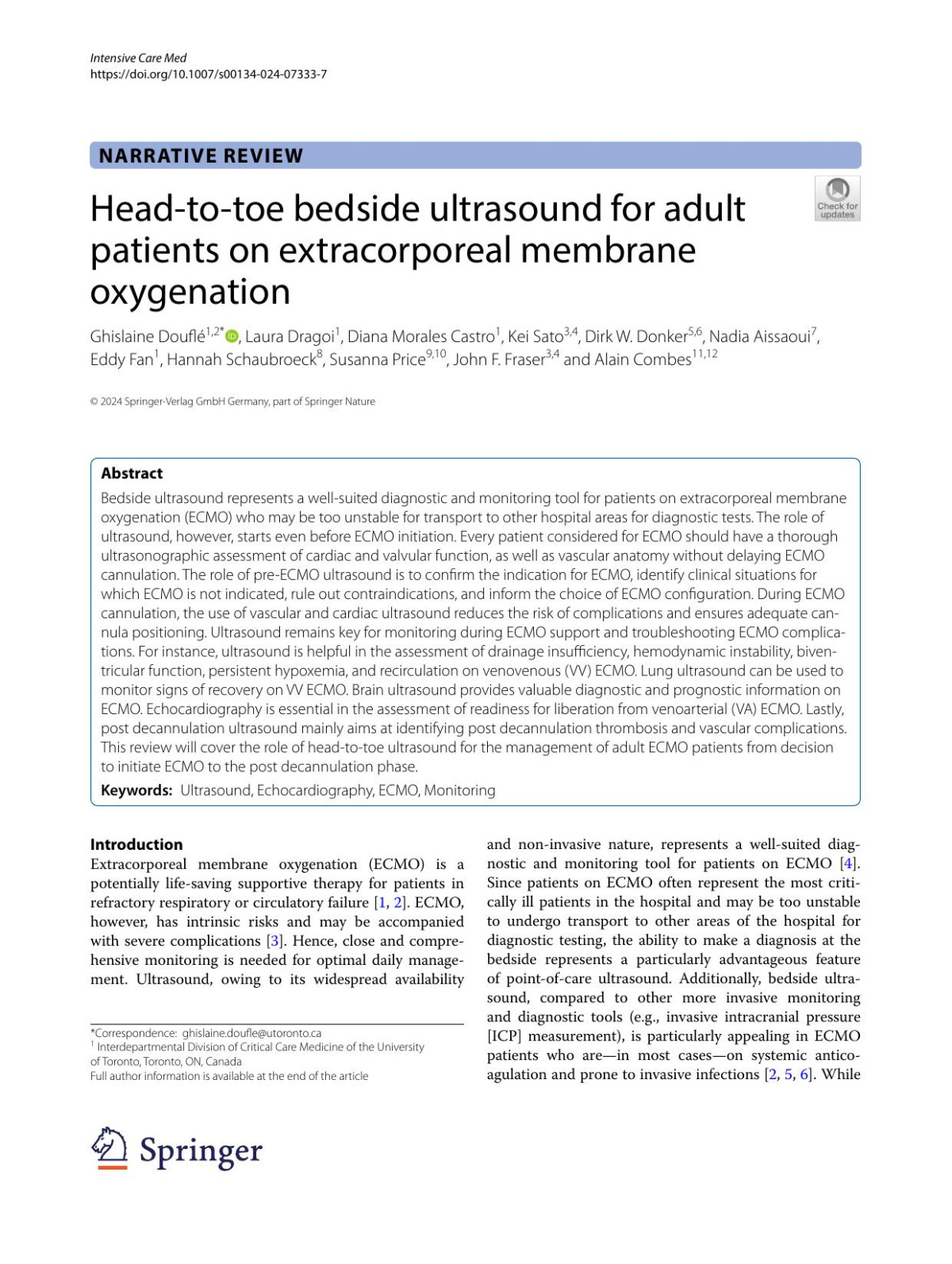 Headtotoe Bedside Ultrasound For Adult Patients On Extracorporeal Membrane Oxygenation Ghislaine Doufl Laura Dragoi Diana Morales Castro Kei Sato Dirk W Donker Nadia Aissaoui Eddy Fan Hannah Schaubroeck Susanna Price John F Fraser Alain Combes