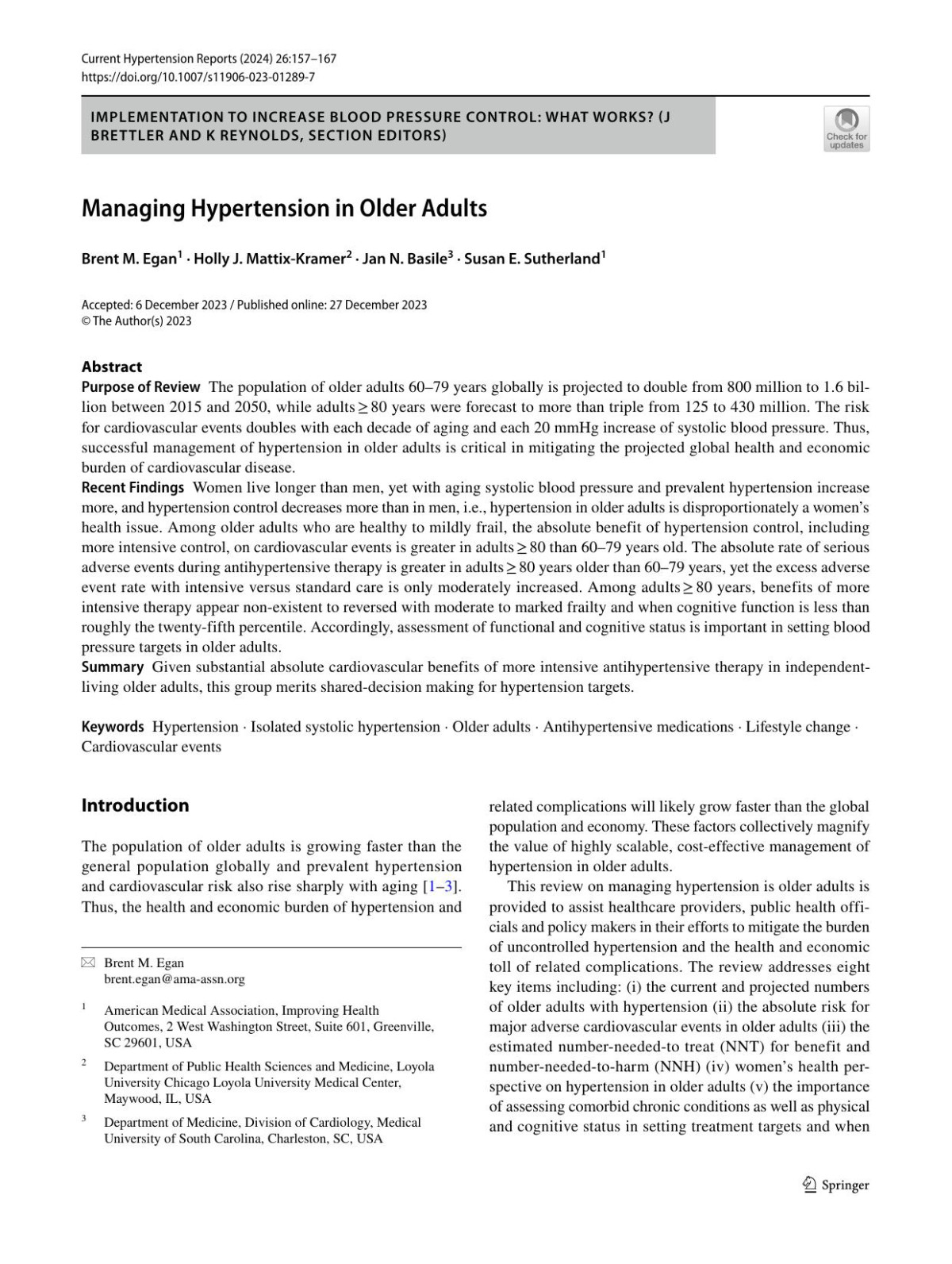 Managing Hypertension In Older Adults Brent M Egan Holly J Mattixkramer Jan N Basile Susan E Sutherland