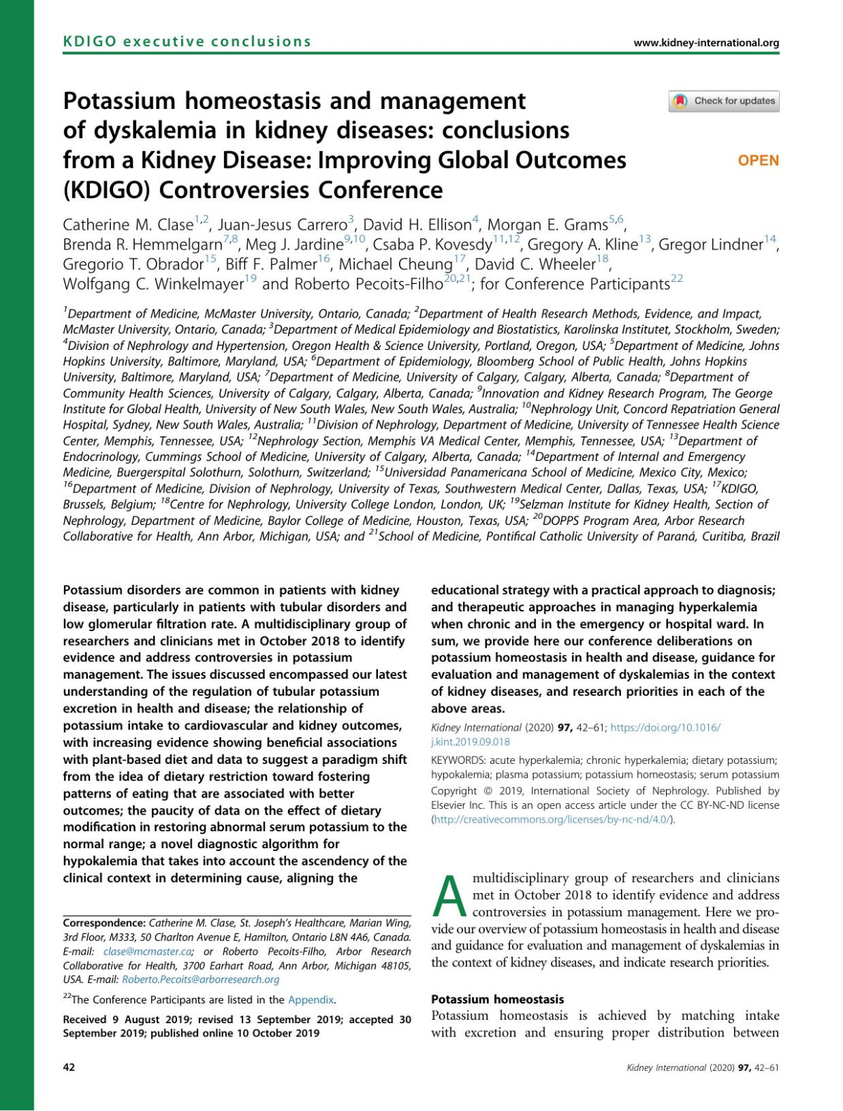 Potassium Homeostasis And Management Of Dyskalemia In Kidney Diseases Conclusions From A Kidney Disease Improving Global Outcomes Kdigo Controversies Conference Kdigo Executive Conclusions