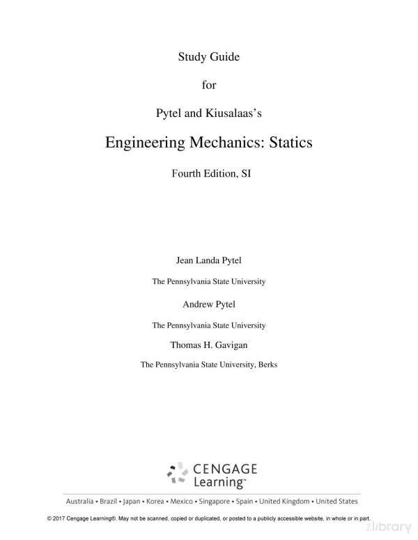 Study Guide For Pytel And Kiusalaass Engineering Mechanics Statics Fourth Edition Si Jean Landa Pytel