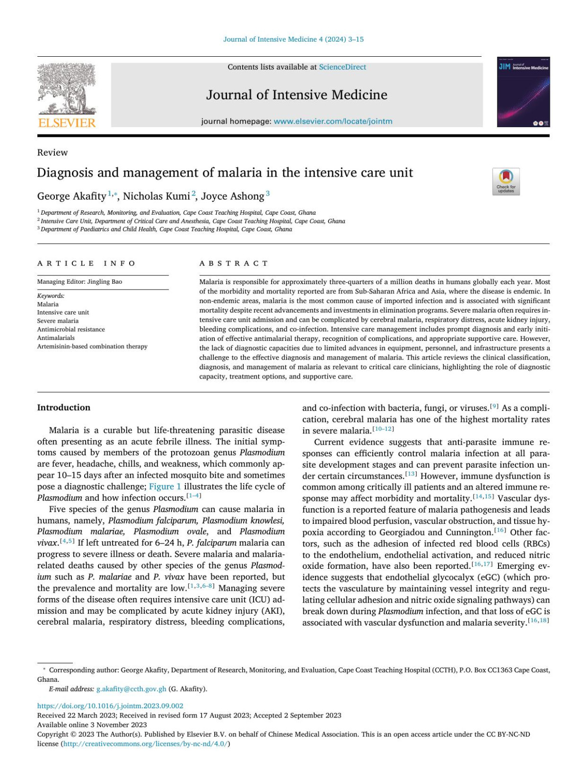 Diagnosis And Management Of Malaria In The Intensive Care Unit George Akafity Nicholas Kumi Joyce Ashong